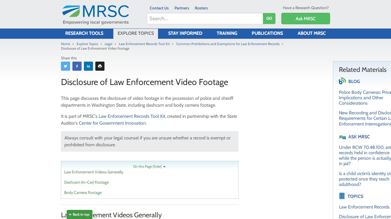 MRSC - Disclosure of Law Enforcement Video Footage